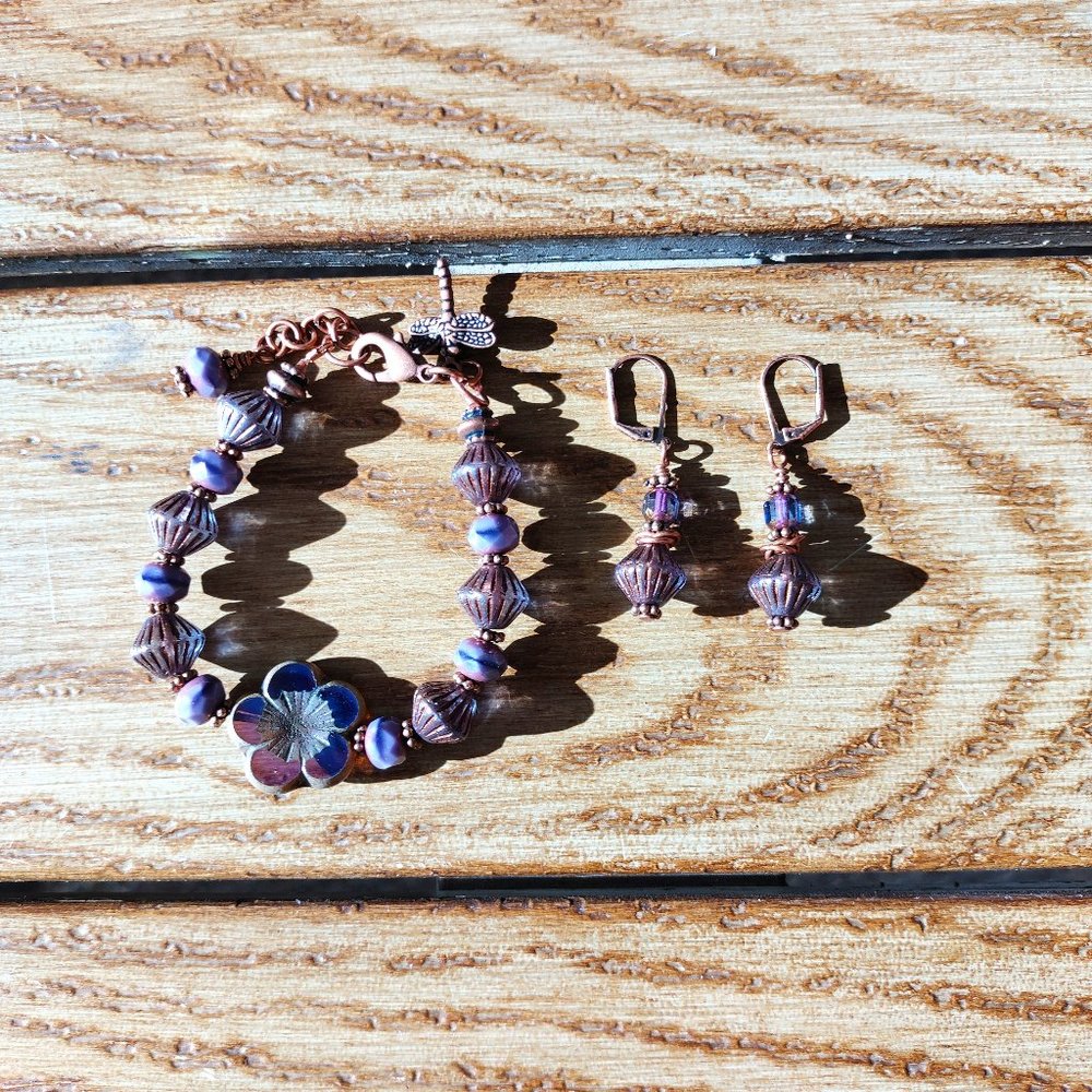 New Unique, Hand Crafted Purple Czech Glass Beads Copper Bracelet and Ea…